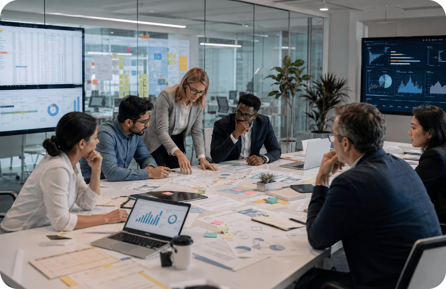 Team reviewing work together in an office